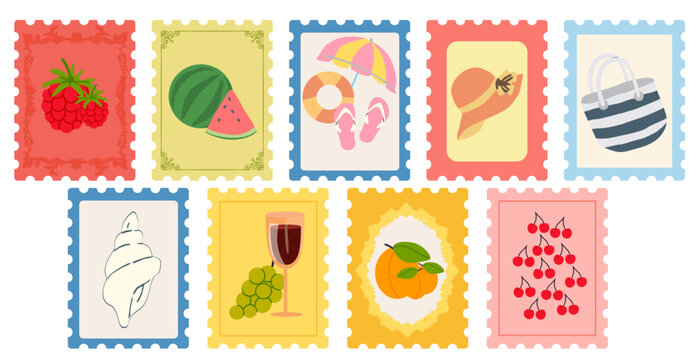 summer post card stamp illustration set , beach, summer, fresh ,fruits and flower stamp, modern trendy