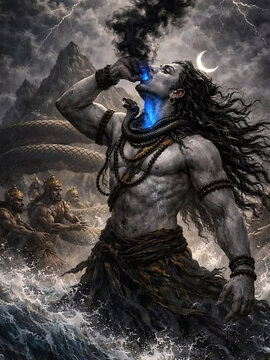 Lord Shiva consuming the Halahala poison during the Samudra Manthan, saving the universe from destruction, with a blue throat and stormy ocean.