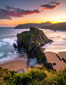 Scenic vista captures a coastal island connected by a stone bridge at sunset. Crimson and gold clouds grace the sky above waves