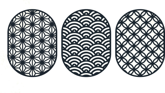 Set of 3 Traditional Japanese Wagara Patterns Asanoha Seigaiha and Shippo in Oval Frames Clean Silhouette Vector 2026 