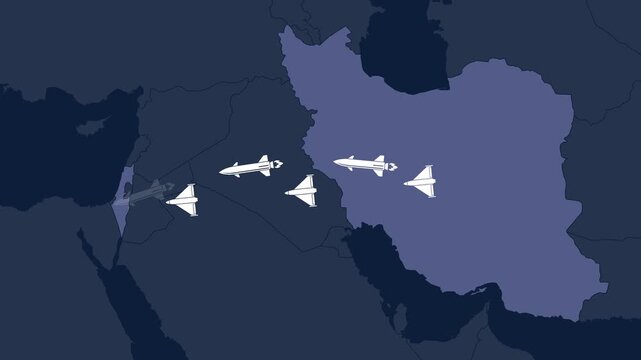 Missile And Drone Launch From Iran Toward Israel On Map Symbolizing Escalating Conflict And Military Response Animation 4K