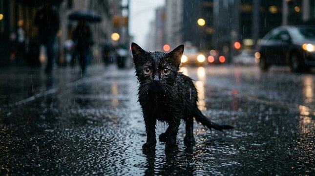 A small, wet black kitten stands alone in a rainy city street, looking directly at the viewer with a vulnerable expression.