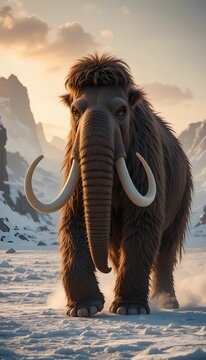 "A majestic Woolly Mammoth walking across a vast icy tundra during a golden sunset. The mammoth has long, shaggy brown fur, massive curved tusks, and small expressive eyes. Its breath is visible in th