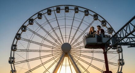Fototapeta premium Bright Ferris Wheel at Dusk with People in Elevator Cabin