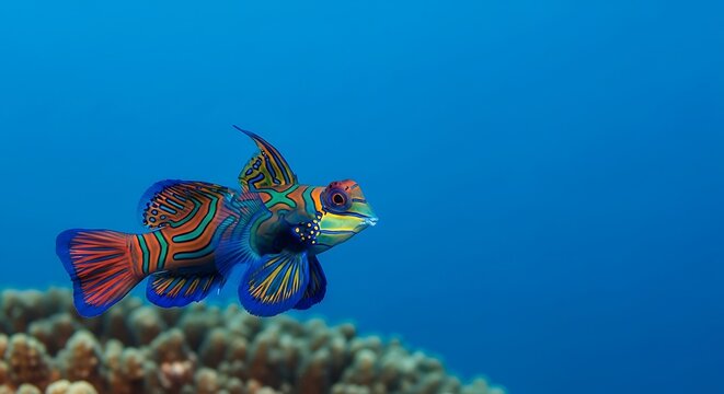 mandarinfish swimming slowly above a dark coral surface
