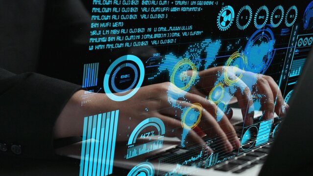 Explore the intersection of technology and business with hands typing on a laptop. Vibrant digital data visuals represent analytics and global insights in real-time. Cipher