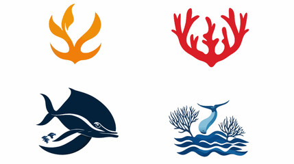 Fototapeta premium Collection of stylized ocean-themed designs, featuring marine life and coral in vibrant colors