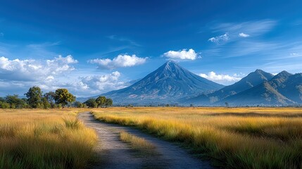 Fototapeta premium Majestic Volcano Surrounded by Lush Green Fields and Clear Blue Sky at Sunrise