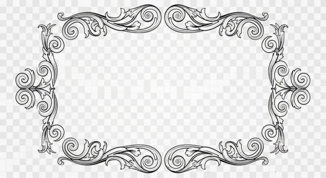 Ornate rectangular frame with swirling floral scrollwork in black ink on a transparent background