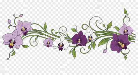 Delicate purple, white, and deep violet orchids with green vines and leaves decorate the border © Sendal