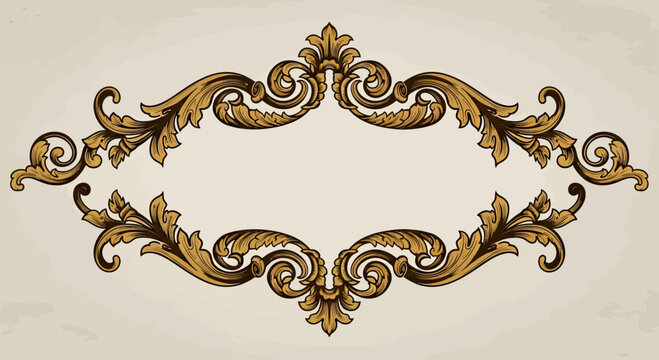 Ornate gold and brown baroque scrollwork frame on textured light background