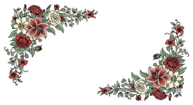 Two opposite corner floral arrangements with red, cream, and dark red flowers