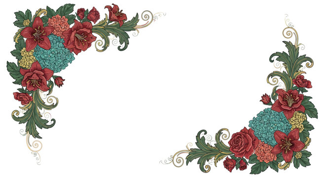 Vintage floral corner ornaments with deep red lilies, pink roses, hydrangeas