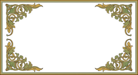 Ornate corner flourishes with golden-green leaves accent a simple bordered rectangle © Sendal