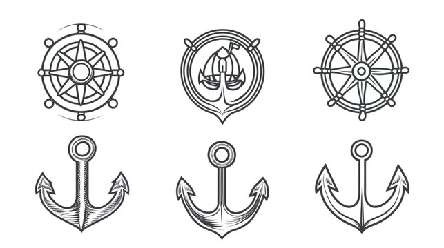 Set of nautical-themed line art including steering wheels, a compass, and anchors