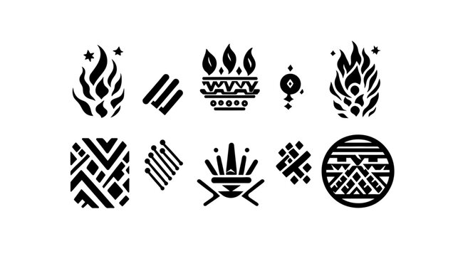 Black graphic elements set on white background. Different shapes like fire, geometric and abstract designs