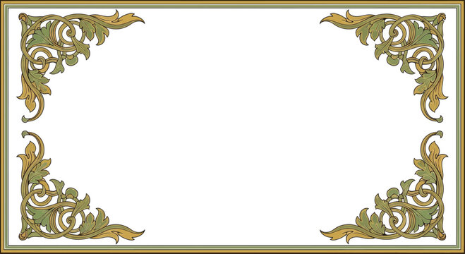 Ornate corner flourishes with golden-green leaves accent a simple bordered rectangle