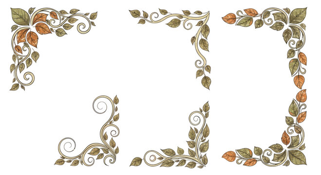 Decorative corner elements with autumnal leaves and swirling vines