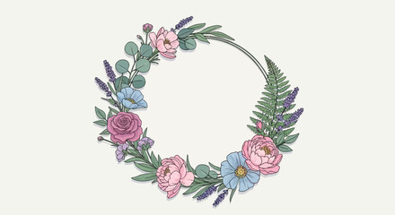 Delicate floral wreath with pastel pink, blue flowers, lavender, and green foliage © Sendal