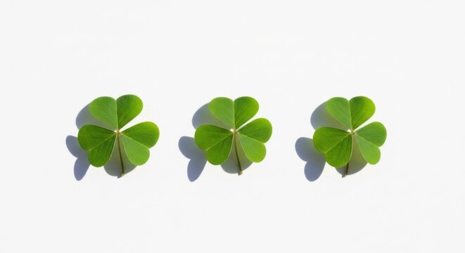 Three Green Clover Leaves in Row on White Surface