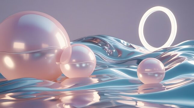 Generative AI abstract 3D background with translucent pastel spheres and iridescent liquid metal waves, Morandi color palette minimalist wallpaper