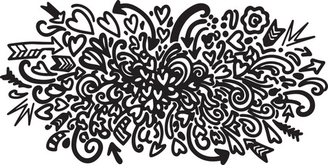Fototapeta premium Hand drawn doodle art background, black and white heart and arrow sketch elements, chaotic ink line drawing vector for creative design projects
