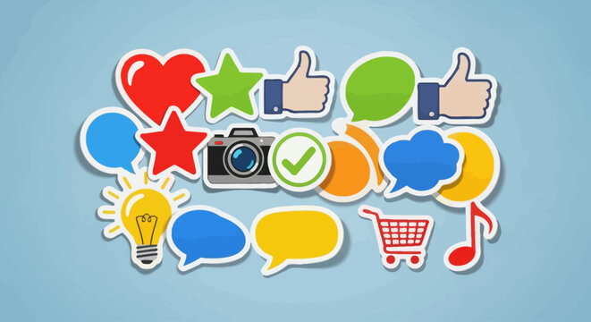 Colorful social media and digital marketing icons set on blue background