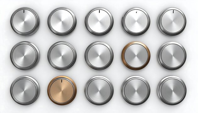 Fifteen metallic control knobs arranged in rows on a white surface. One knob in each column is golden