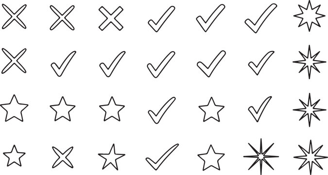 Minimalist check mark and cross icon set, 28 black line vector symbols, thin outline star and sparkle elements for UI design and checklists