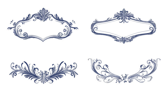 Four ornamental dark blue frames with blank spaces, featuring swirls, leaves, and elegant artistic designs