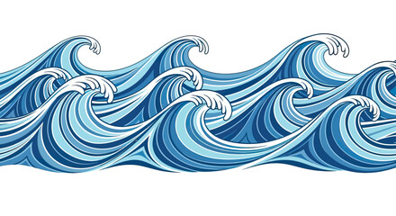 Fototapeta premium A stylized, repeating pattern of crashing blue ocean waves against a white background