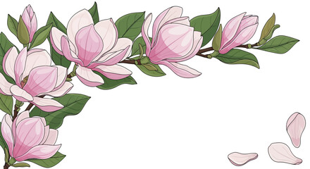 Delicate pink magnolia blossoms and leaves on a branch with falling petals © Sendal