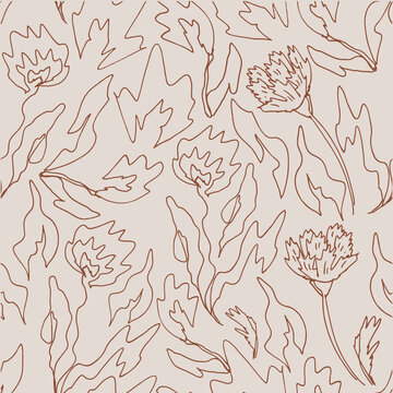Graceful seamless botanical line art pattern, showcasing a subtle floral concept, ideal for modern textiles, digital backgrounds, and sophisticated graphic projects