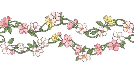 Delicate pink, white, and yellow blossoms entwined on green vine borders © Sendal