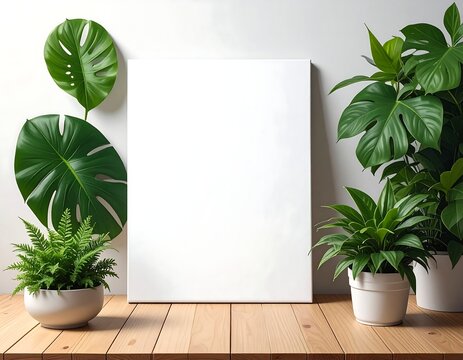 A serene indoor setting with plants and a blank canvas