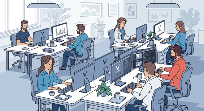 Diverse team working in modern open-plan office with computers and plants