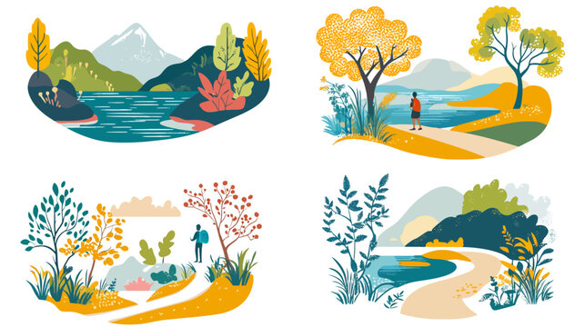 Four vignettes with stylized illustrations of landscapes, featuring trees, mountains, paths, water, and people