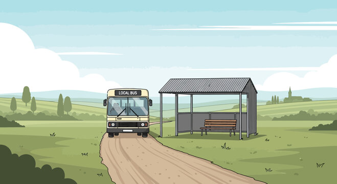 Pixel Art Bus Arriving at Rural Bus Stop Shelter, Countryside Landscape