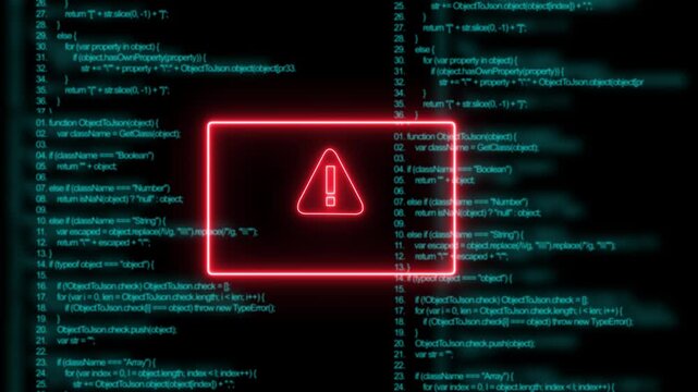 Red Exclamation Mark Warning Symbol firewall active Neon Sign on cyan Digital 4k Animation video on Black Background