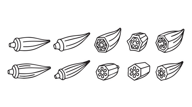 Okra Pods and Slices Line Art IllustrationIsolated on White Background