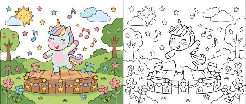 Cute cartoon unicorn dancing on a stage with musical notes around it.