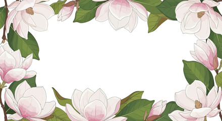 Elegant frame of light pink magnolia flowers and green leaves on white © Sendal