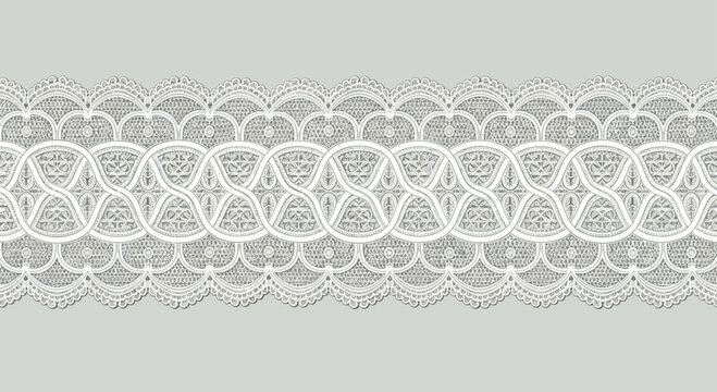 Intricate lace trim with repeating interwoven geometric patterns and scalloped edges