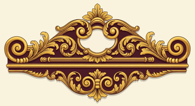 Ornate golden baroque scrollwork adorns a deep maroon decorative element