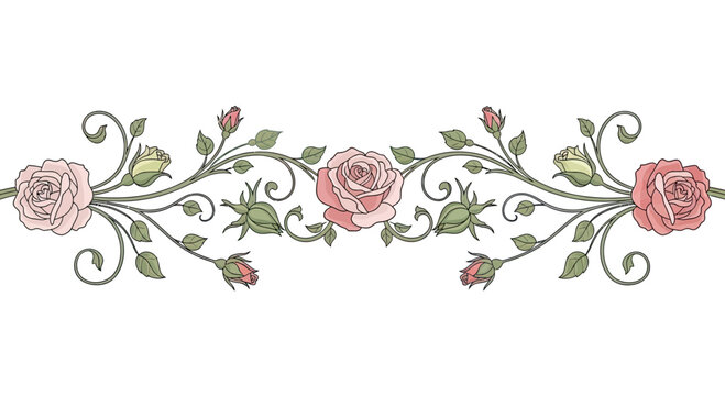 Delicate pink rose vine border with buds and swirling green leaves