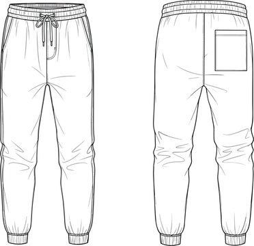 Technical Fashion Flat Sketch of Unisex Jogger Sweatpants Featuring Elastic Waistband Drawstring and Back Pocket for Apparel Design Tech Pack Vector Templates
