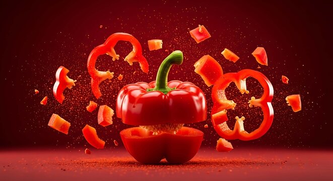 A vibrant red bell pepper exploding into pieces with chunks flying around it on a dark red background