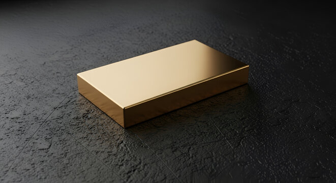 Shiny gold bar resting on a dark textured surface with subtle water droplets, symbolizing wealth and investment