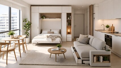 Fototapeta premium Bright studio apartment featuring smart furniture for small space living