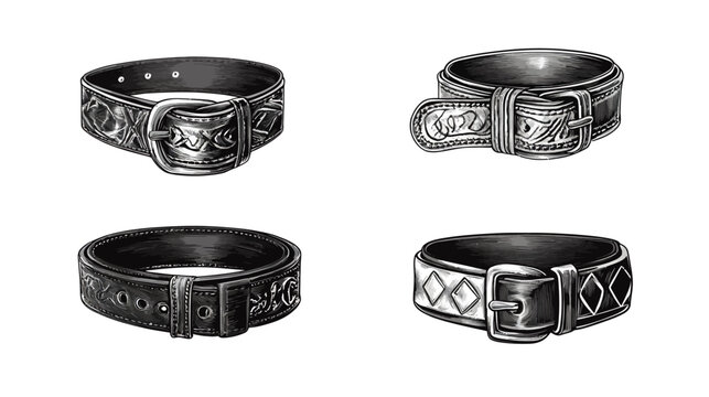 Four stylized grayscale illustrations of belts with buckles and various decorative details
